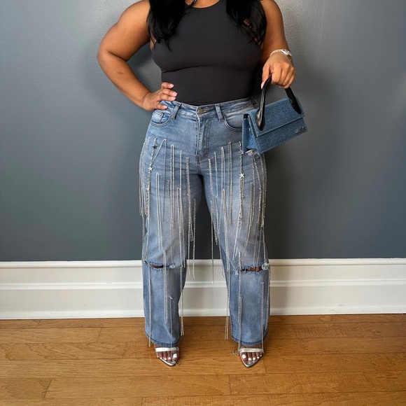 Luxe Rhinestone Fringe Stretch Jeans - Picture 2 of 5
